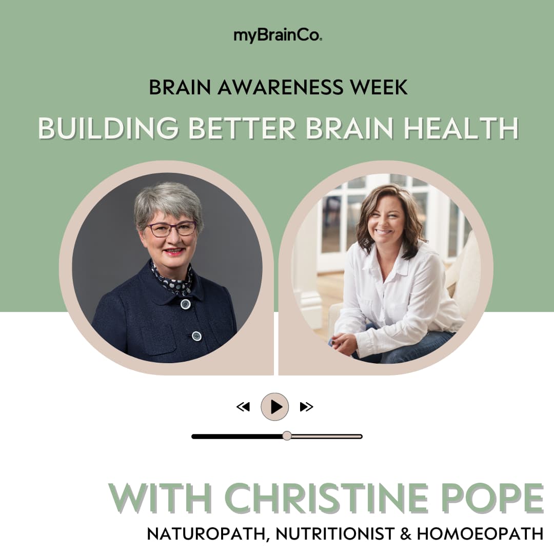 A promotional image for Brain Awareness Week titled "Building Better Brain Health" features a photo of Christine Pope, a Naturopath, Nutritionist, Homeopath, and successful entrepreneur. She is shown in two different settings, separated by a circular play button graphic. Perfect for those seeking business ideas for women.