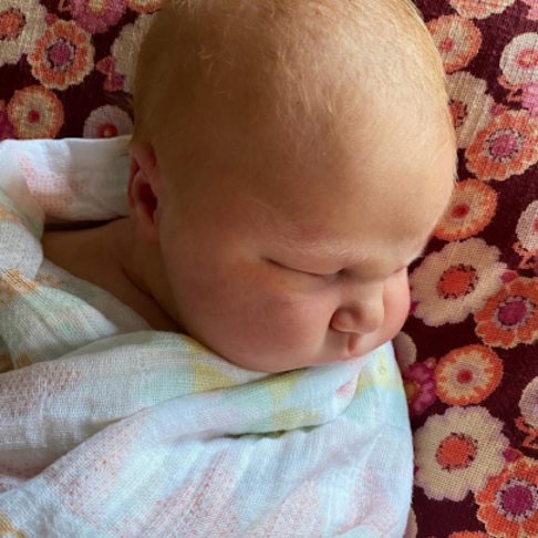 A newborn baby is swaddled in a light-colored blanket with pastel patterns. They are peacefully sleeping against a backdrop of red fabric with a colorful, floral pattern, symbolizing the beginning of life's journey much like an entrepreneur starting a business. The baby has a light complexion and very fine, light hair.