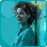 A woman with curly hair and glasses, an entrepreneur, smiles as she leans against a wall covered in colorful sticky notes and sketches. She wears a denim shirt and appears thoughtful. The background is tinted teal, giving the image a creative and professional ambiance.