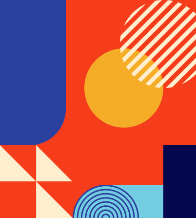 Abstract graphic featuring geometric shapes against a bold red background. Includes a blue vertical rectangle, overlapping circles in yellow and striped off-white, cream and beige quarter circles forming a pinwheel pattern, and a concentric blue circle on teal—perfect inspiration for women starting a business.