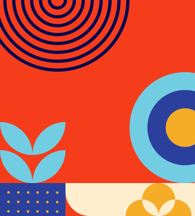 Abstract design with vibrant colors and shapes on a red background. Top left has concentric circles, bottom right has a circular pattern with blue and yellow rings. Bottom left features small yellow dots on blue, symbolizing the dynamic energy of women in business; bottom center displays leaf and petal shapes.