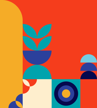 A colorful abstract illustration features geometric shapes, symbolizing the vibrant spirit of women in business. It includes leaves, semi-circles, squares, and a target-like circle in shades of orange, blue, teal, yellow, cream, and red, arranged in a visually dynamic composition.