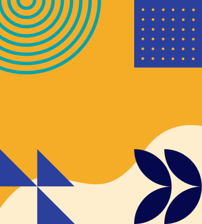 Abstract geometric design with a yellow background. Top left features green concentric circles, top right has a blue square with yellow dots, bottom left has blue triangular shapes, and bottom right shows a blue leaf-like pattern with a beige wavy section, perfect for inspiring business ideas for women.