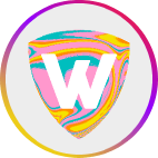 A shield-shaped logo with a white "W" in the center on a background of multicolored swirls in pink, yellow, blue, and green. The logo is outlined by a circular border with a gradient of pink, purple, and yellow. Perfect for women in business, the entire image has a white background.