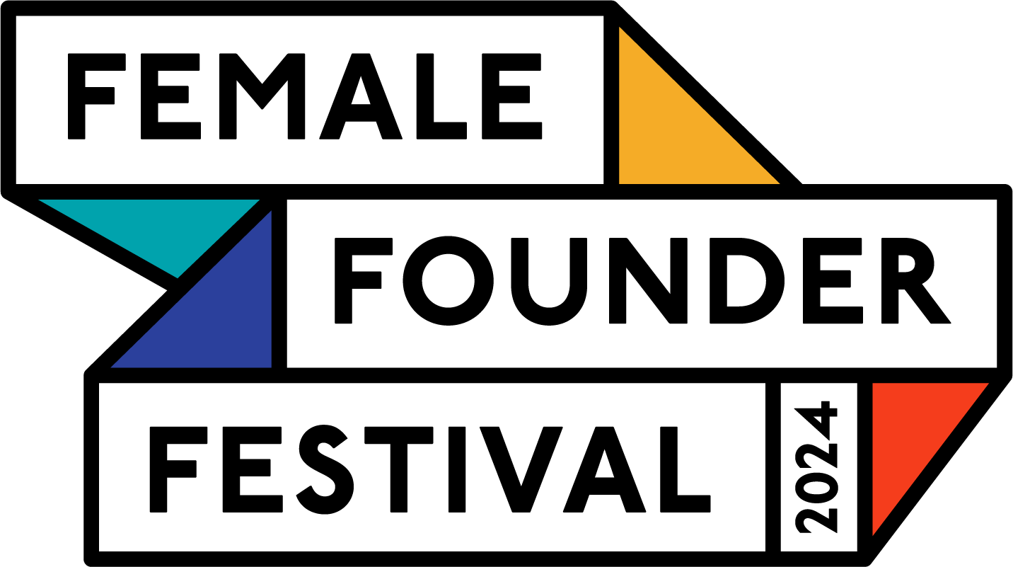 The image is a logo for the "Female Founder Festival 2024," perfect for those interested in starting a business. It features bold text in black capital letters on white rectangular shapes with colorful triangles in teal, blue, yellow, and red. The year "2024" is displayed vertically on the right side.