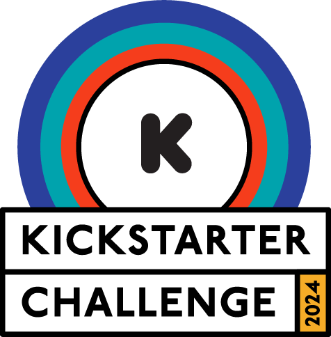 A circular logo featuring the letter "K" in the center, surrounded by rings in blue, green, and red. Below, a rectangular banner reads "KICKSTARTER CHALLENGE" with a smaller section on the right displaying "2024" in yellow, highlighting the year for aspiring female businesses and women in business.