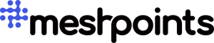 Logo of Meshpoints featuring the company name in lowercase black letters. To the left, there is a design resembling a network of blue dots connected by lines, forming an abstract pattern, symbolizing the interconnected paths of women in business and entrepreneurship.