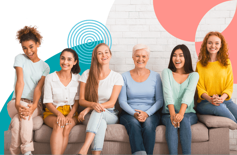 A diverse group of six women of varying ages and ethnicities are sitting on a couch, smiling and posing for a photo. They are dressed in casual clothes, embodying the spirit and camaraderie of women in business. The background features abstract shapes in teal, blue, and pink.
