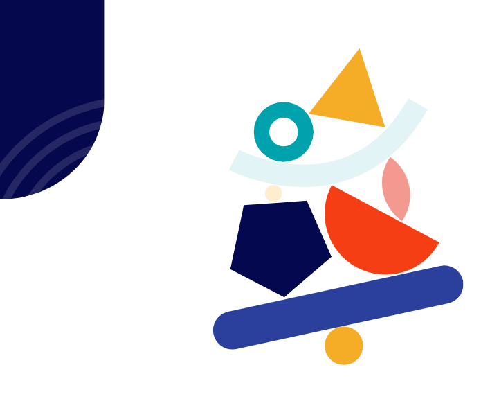 A colorful abstract design featuring various geometric shapes on a black background. On the left, white concentric circles partially covered by a dark blue shape. On the right, a mix of shapes including triangles, circles, semi-circles, hexagons, and rectangles—an inspiring piece for women in business.