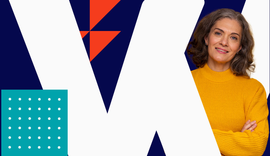 A woman with shoulder-length gray hair, wearing a yellow sweater, smiles with her arms crossed. She is positioned against a large, stylized letter "W" with geometric shapes in the background. The design features dark blue, teal, white, and red elements, symbolizing empowerment for women in business.