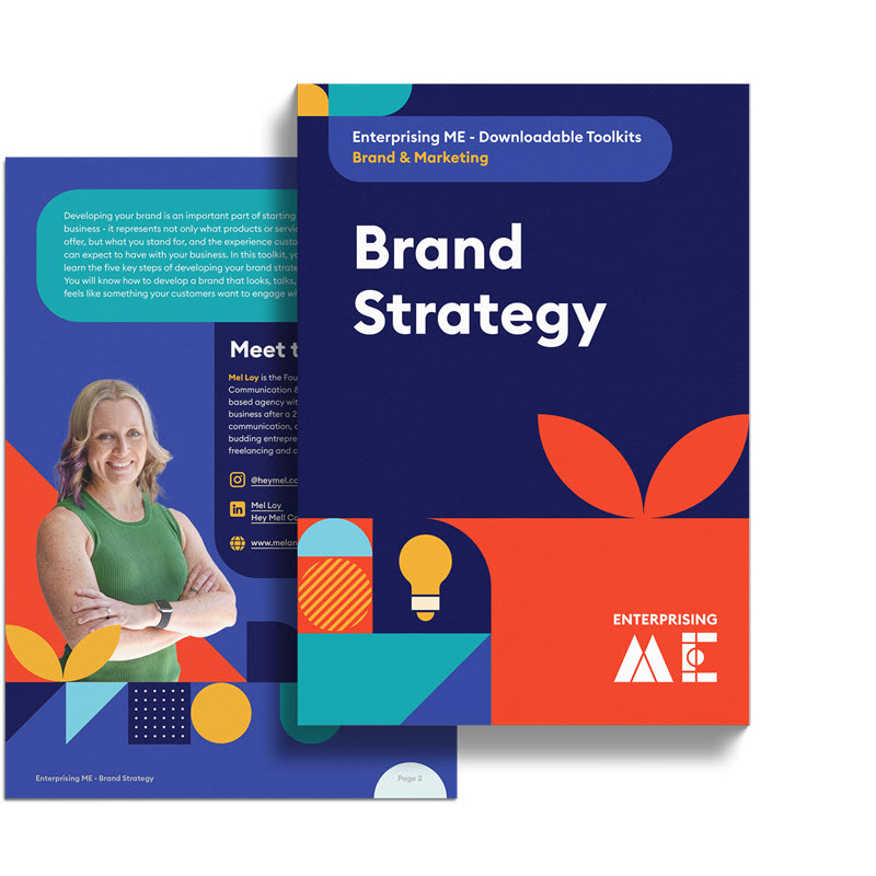 Two-page brochure titled "Brand Strategy" from Enterprising ME. A cover page with a modern design, featuring light bulb, leaf, and geometric elements; and a back page displaying the image of a smiling woman in a sleeveless top with folded arms, adjacent to text.