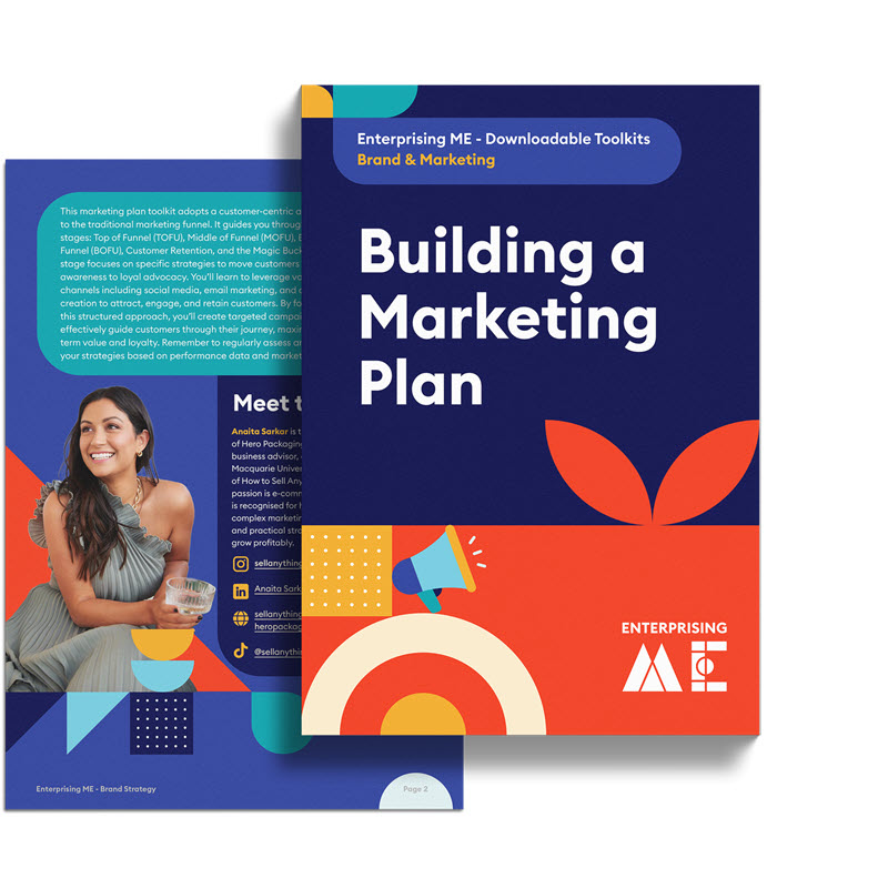 Two brochures are displayed, one slightly covering the other. The top brochure is titled "Building a Marketing Plan" with vibrant geometric shapes on a blue background. The bottom brochure features an image of a woman holding a drink, and includes text and icons.