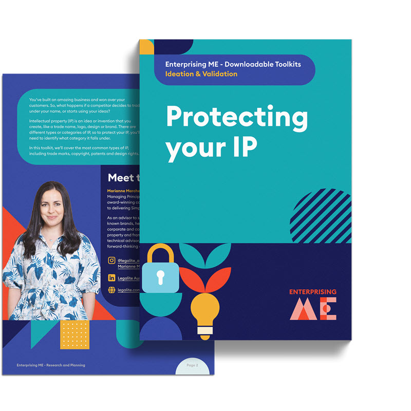 A brochure titled "Protecting Your IP" from Enterprising ME. The front cover features blue and teal colors with lock and shield icons. The back cover includes a photo of a woman in a blue shirt, along with text and a geometric design.