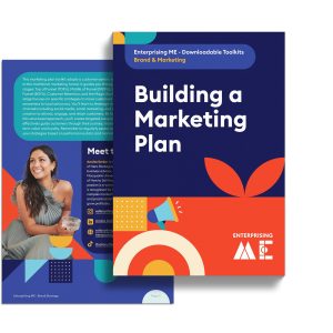 An image of a marketing toolkit cover and inside page. The cover is titled "Building a Marketing Plan" and features a blue and orange abstract design with text blocks. The inside page shows a woman smiling and text introducing her as part of the marketing team.