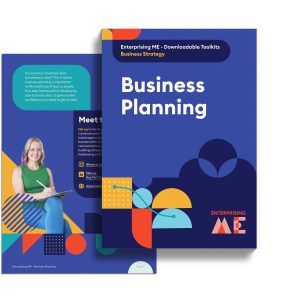 Two booklets are displayed. The front booklet is titled "Business Planning" from Enterprising ME with a colorful abstract design. The back booklet features an introduction to a person, titled "Meet [Name]", and includes a photo of a person and contact information.
