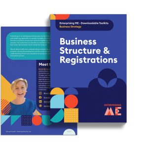 The image shows a brochure cover titled "Business Structure & Registrations" from Enterprising ME's downloadable toolkits series on business strategy. The design is blue with colorful geometric shapes. An inside page shows a smiling person and a "Meet the Team" section.