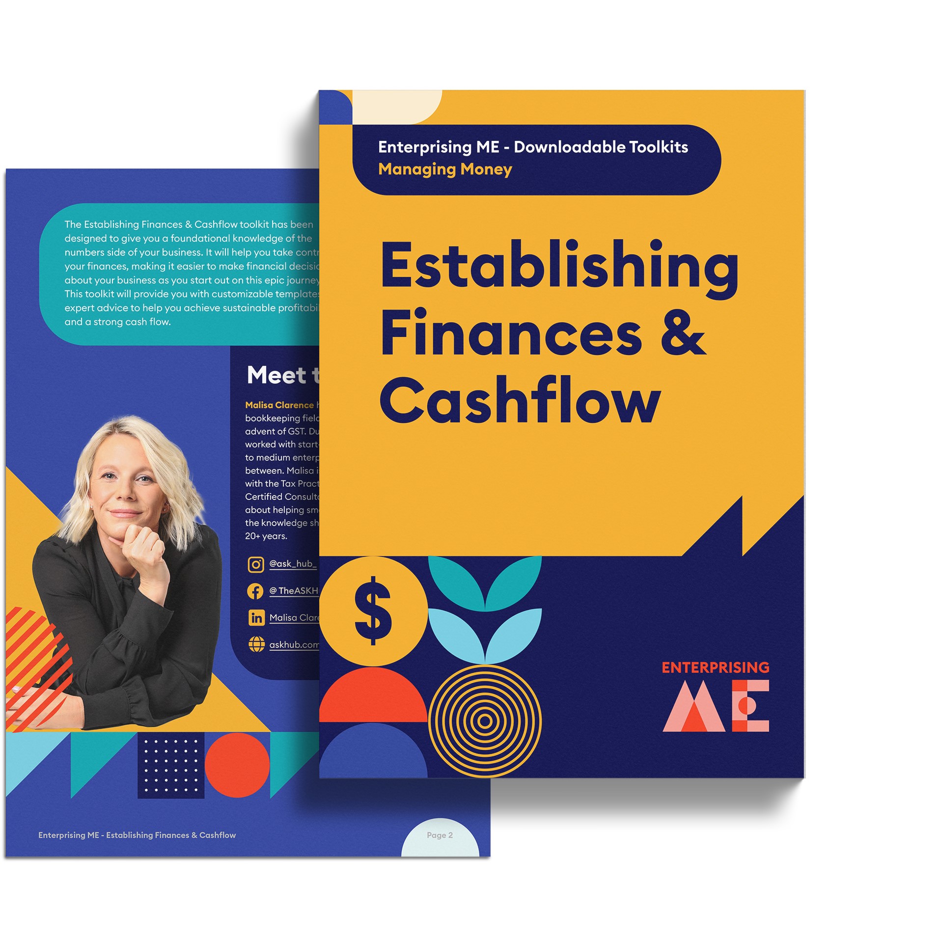 An image showing a cover and a page of a toolkit. The cover, titled "Establishing Finances & Cashflow," features bold geometric shapes in blue, orange, and yellow. The adjacent page has a photo of a person with text and icons for social media, phone, and email.
