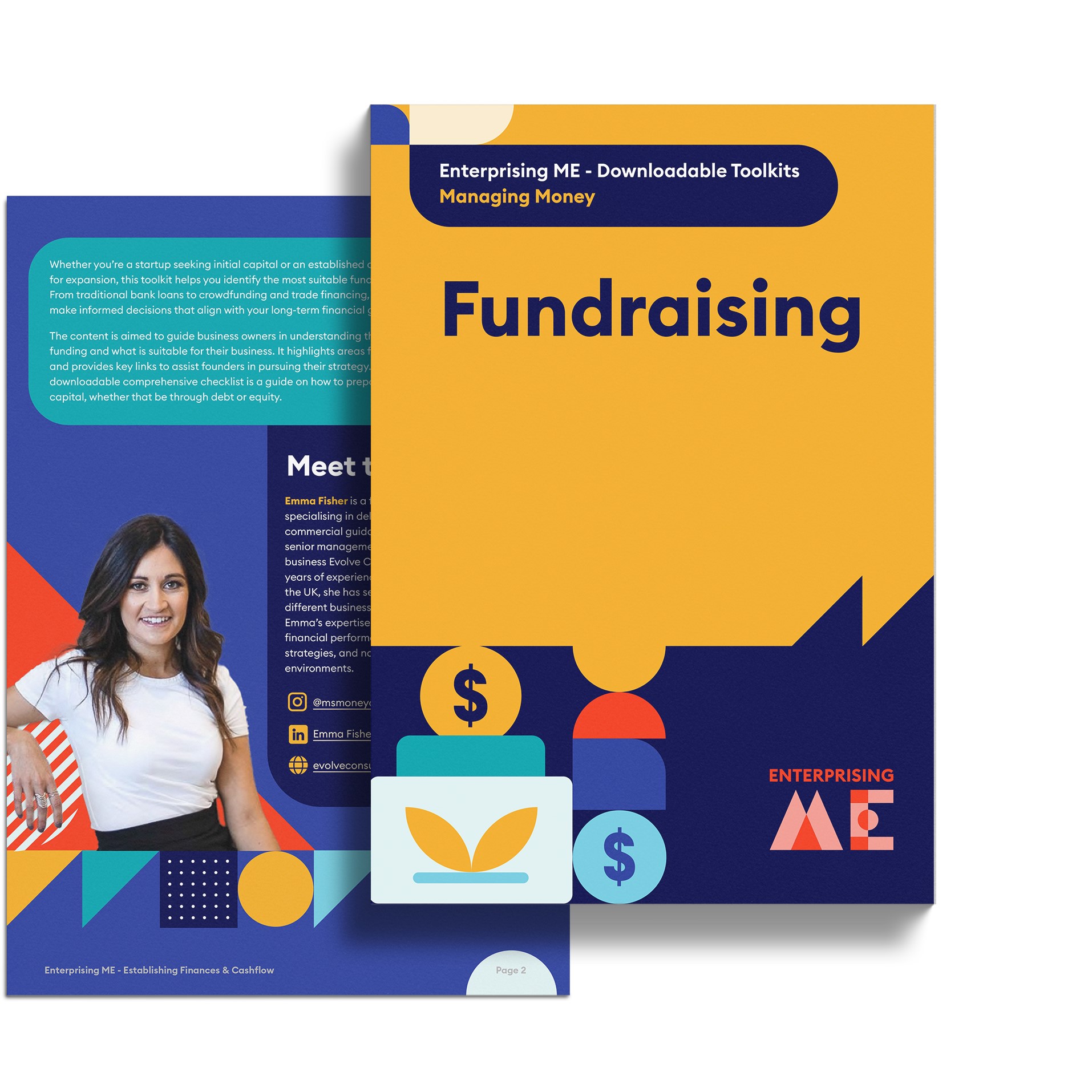 A two-part visual of a fundraising toolkit. The left section shows a woman smiling alongside text, while the right section features a brightly colored cover with the words "Fundraising" and graphics of a dollar sign, leaf, and money bag.