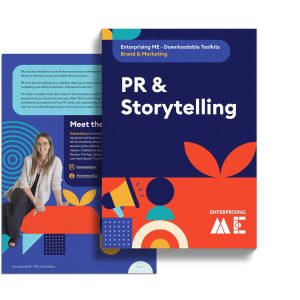 Cover of "PR & Storytelling" book from Enterprising ME. The dark blue cover features colorful abstract shapes and text. A section of the book is visible, displaying a smiling woman seated casually and the heading "Meet the experts.