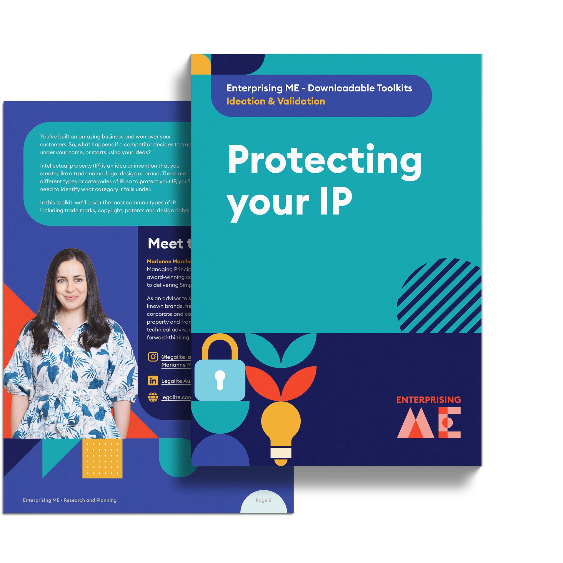 A cover of a toolkit titled "Protecting your IP" from Enterprising ME. The cover includes stylized icons of a lock, light bulb, and shield. Behind the cover, there's an image of a smiling woman with long dark hair, wearing a floral shirt, standing against a teal background.