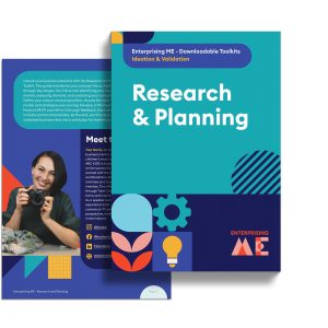 An informational pamphlet titled "Research & Planning" from Enterprising ME, featuring vibrant colors and graphic elements. One page depicts a smiling individual with a camera, alongside text and icons related to research and validation tools.