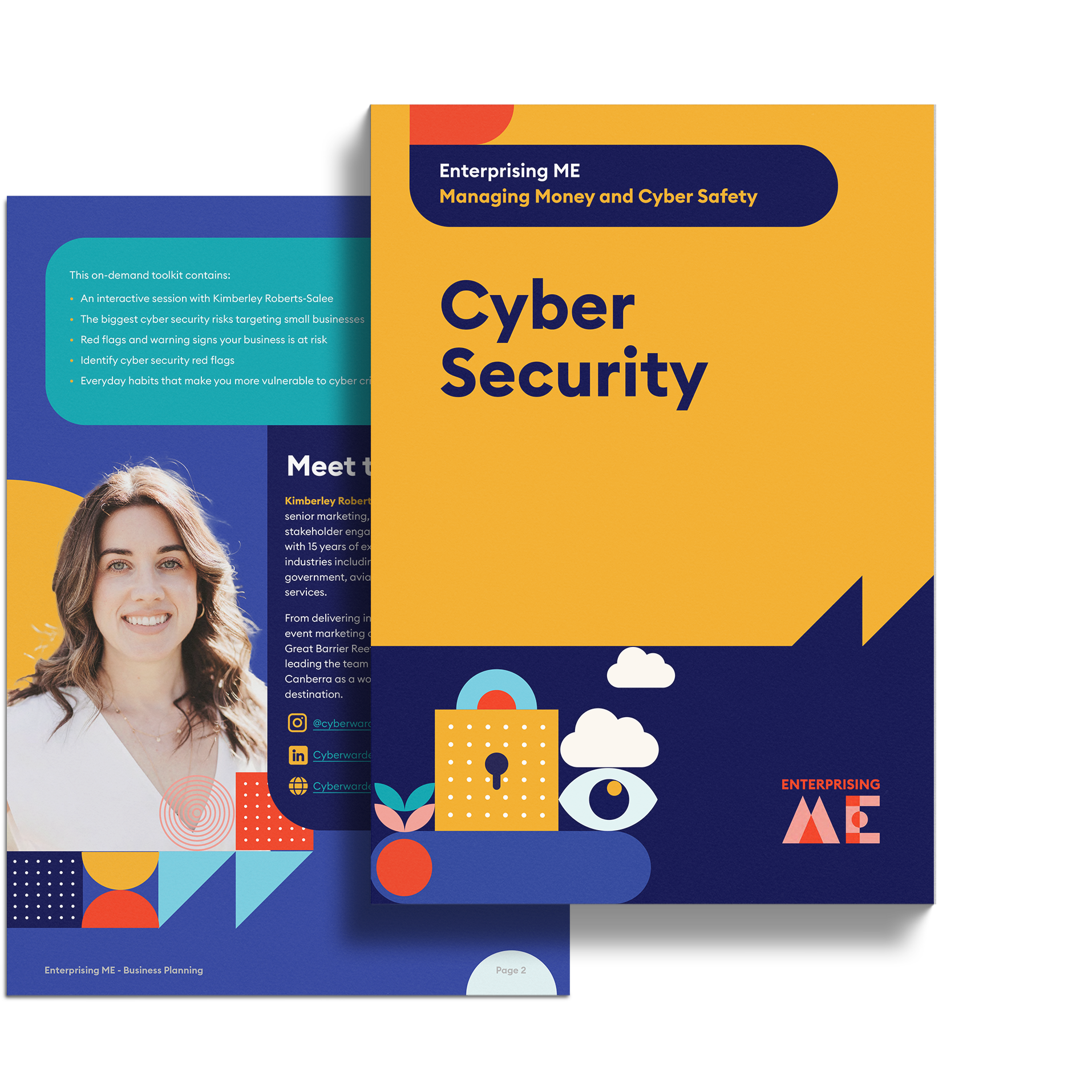 A brochure titled "Cyber Security" from "Enterprising ME." The cover features colorful geometric designs, including a lock, cloud, and shield. The back shows a photo of a smiling person and text under "Meet the Team.