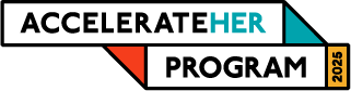 Logo with the text "ACCELERATE HER PROGRAM 2025." The word "HER" is highlighted in teal. The design features angular shapes with teal, orange, and gold accents.