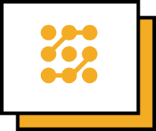 An illustration of a white rectangular screen displaying a yellow network graph with five connected nodes, overlaid on a yellow cornered frame.