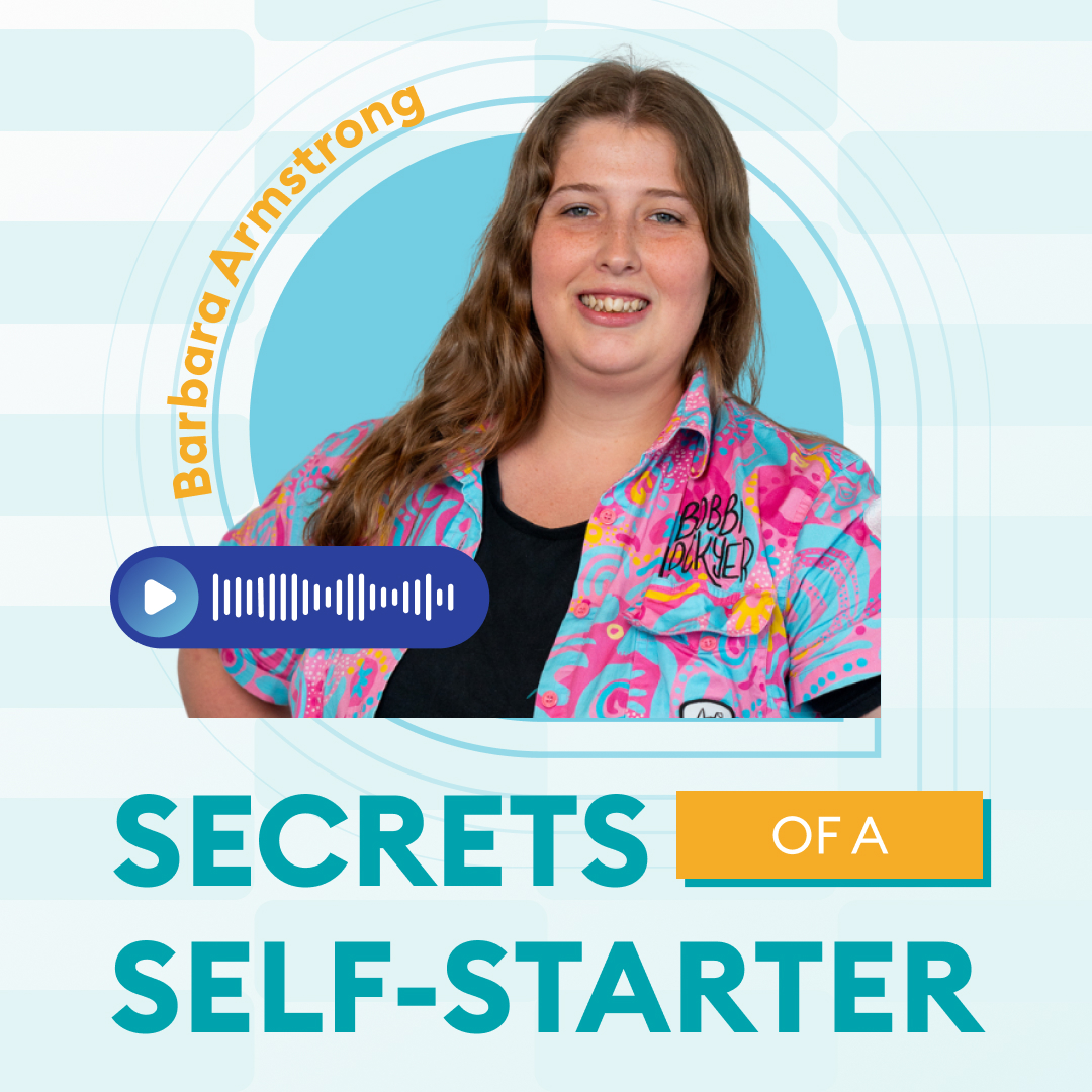 A smiling person with long brown hair wears a colorful shirt and stands in front of a blue circle. Text reads "Barbara Armstrong," "SECRETS OF A SELF-STARTER," and features a play button with an audio waveform.