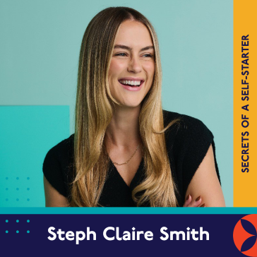 A smiling woman with straight, long blonde hair wears a black top, seated against a teal background. A vertical orange bar reads "Secrets of a Self-Starter." Text below reads "Steph Claire Smith.