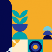 Abstract geometric illustration with a yellow background, featuring shapes like semi-circular teal leaves, a blue half-circle, light blue arcs, and navy-blue arcs. The bottom right has a concentric circle in blue and orange within a turquoise square. This design could inspire business ideas for women.