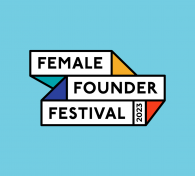 A logo on a light blue background featuring the text "Female Founder Festival 2023" in black, enclosed within a series of interlocking, colorful geometric shapes, including blue, green, yellow, and red triangles and parallelograms. Celebrate women in business and innovative business ideas for women.